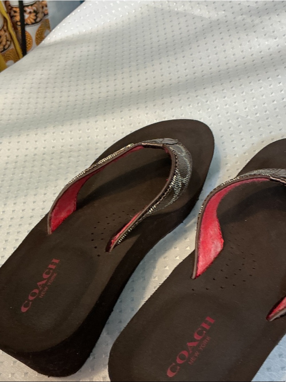 Coach Brown Metallic Signature Thong Sandals with Pink Accents - Picture 4 of 5
